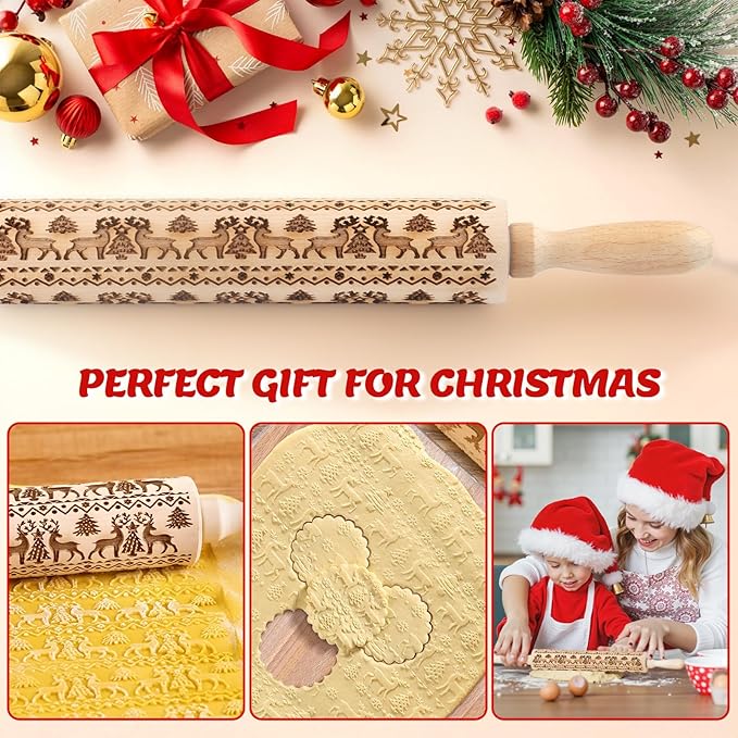 Stocking Stuffers Gifts for Women, Wooden Embossed Rolling Pin for Baking