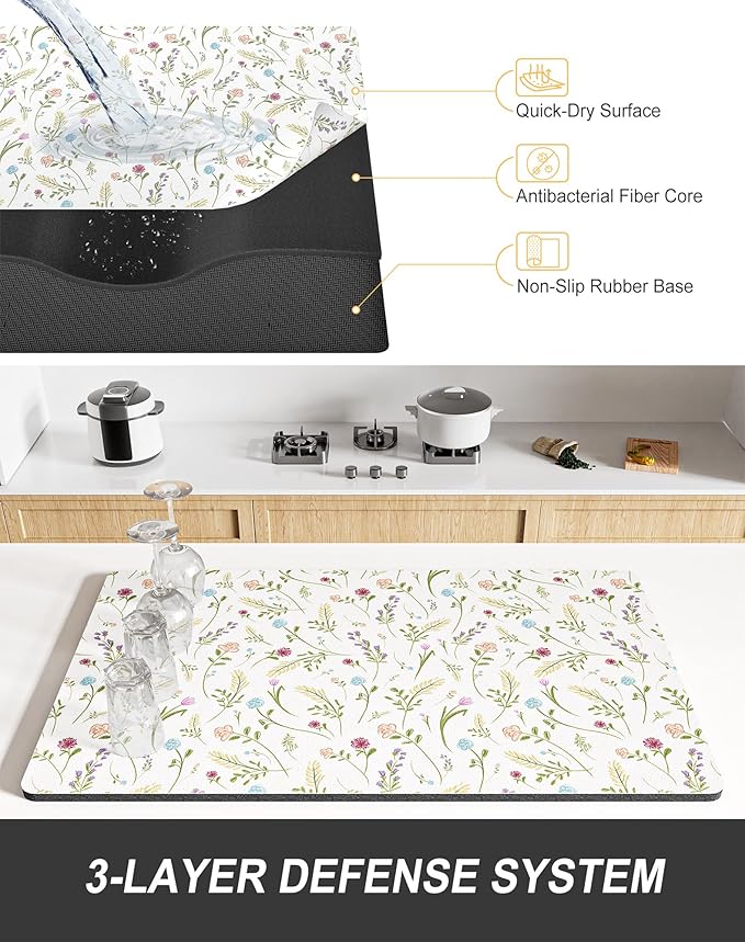 Rnivvi Dish Drying Mat for Kitchen Counter, 12 x 19" Cute Flower Theme Super