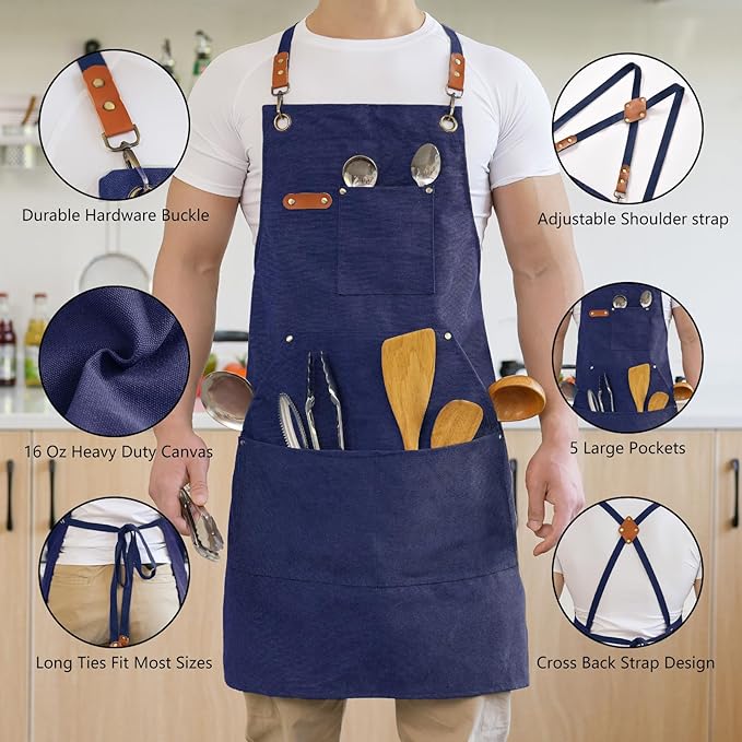Aoomzoon Canvas Aprons for Men Chef Apron, Work Apron - 16oz Heavy Duty Cross