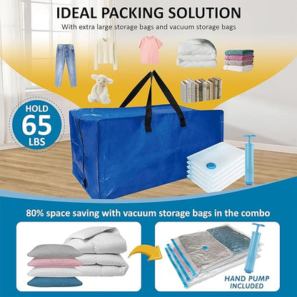 10 Pack Heavy Duty Extra Large Moving Bags with Backpack Straps & Vacuum Storage Supply Combo, Totes Handles Zippers for Space Saving, Fold Flat, Includes Bags, Blue, (HEV10)