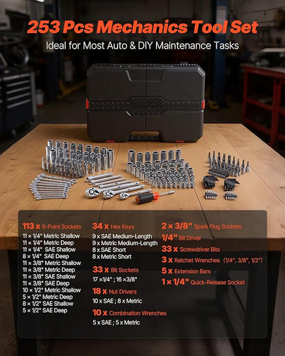 VEVOR Mechanics Tool Set, 253-Piece Mechanic Tool Kit, 1/4 in, 3/8 in, and 1/2