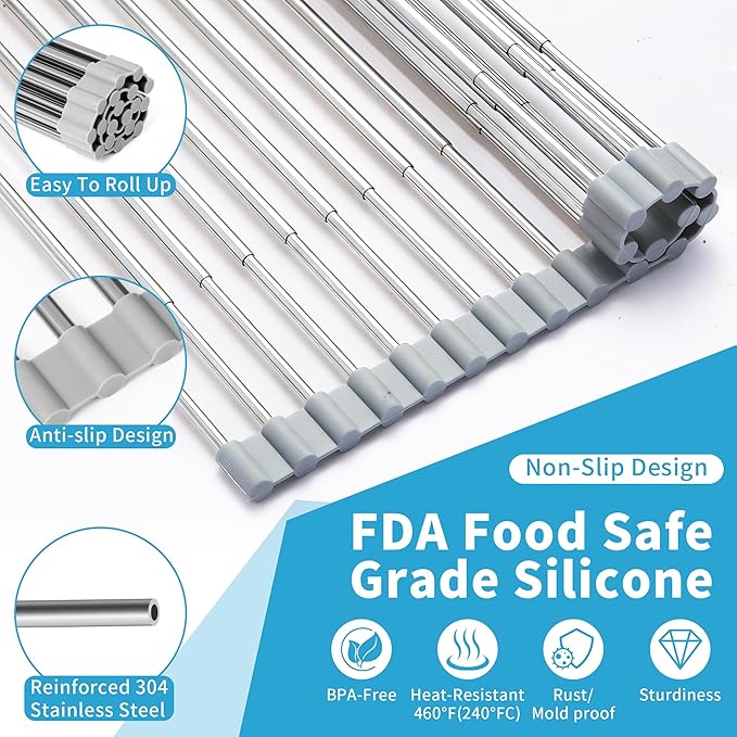 Expandable Roll-UP Dish Drying Rack-Large 304 Stainless Steel Dish Drainer Over