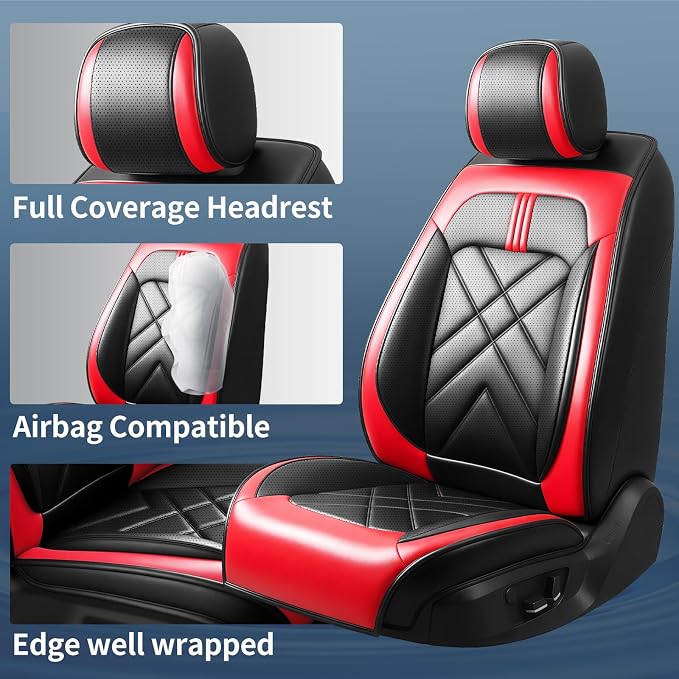 Ranger Car Seat Covers Custom Fit for Ford Ranger 2019-2026 Full Coverage Leather Waterproof Breathable Seat Covers Full Set, Automotive Seat Protectors, Airbag Compatible(5 Seats, Black & Red)