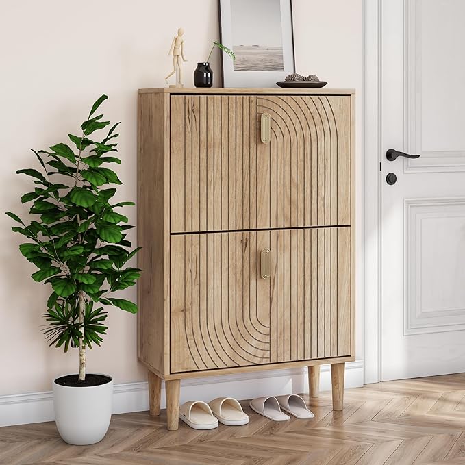 Smuxee Shoe Cabinet with 2 Flip Drawers, 23.6" Oak Hidden Shoe Storage Cabinet