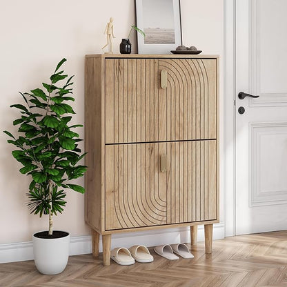 Smuxee Shoe Cabinet with 2 Flip Drawers, 23.6" Oak Hidden Shoe Storage Cabinet