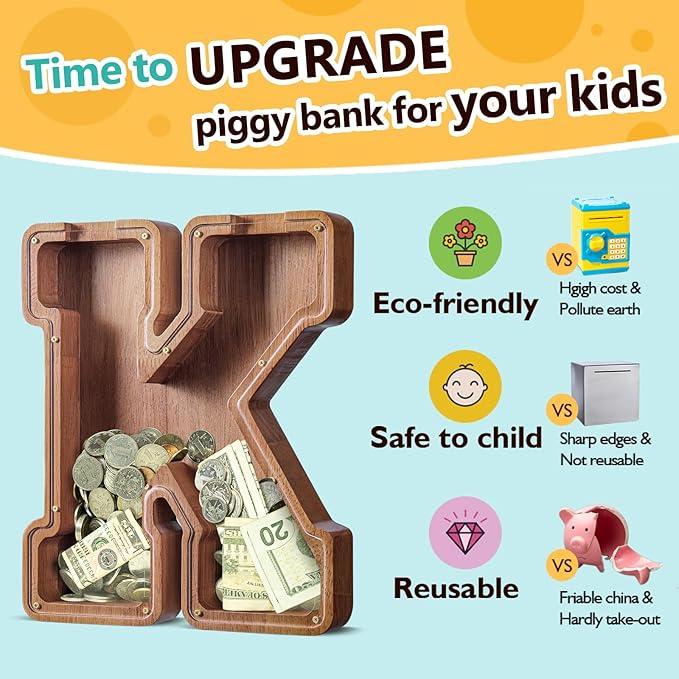 Summidate Customized Name Large Wooden Piggy Bank for Kids Boys Girls Alphabets Letter A-Z Coins Bills Money Change Bank Box Initial on Clear Cover (Laser Engraved) (Alphabet-K, Personalized-12)