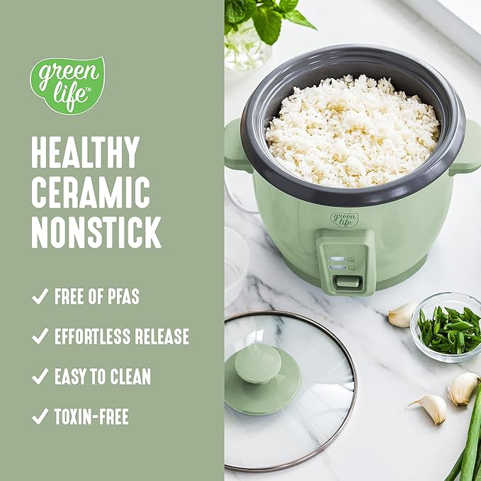 GreenLife Rice Cooker with Removable PFAS-Free Ceramic Nonstick Pot, 3-Cups