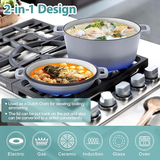 TeamFar 5 Quart Enameled Cast Iron Dutch Oven, 2-In-1 Dutch Oven Pot Cookware