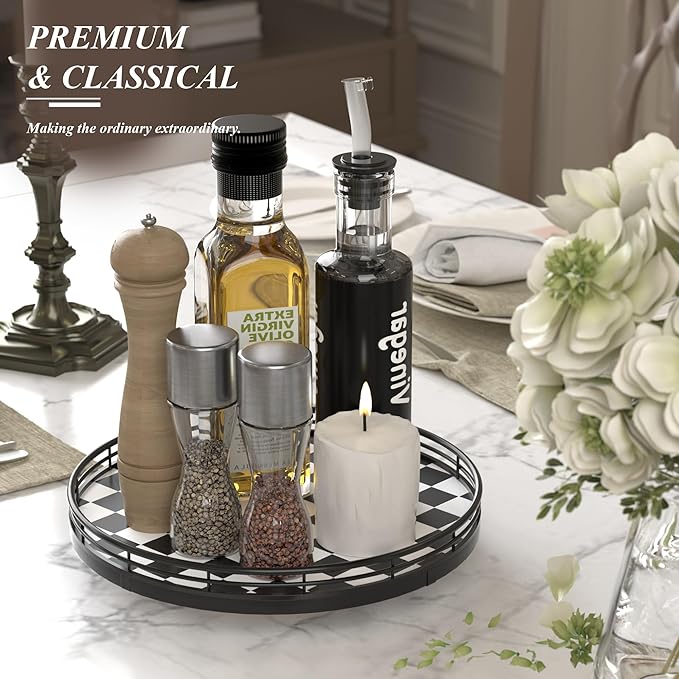 Black and White Kitchen Lazy Susan Turntable – Checkered Round Decorative Tray