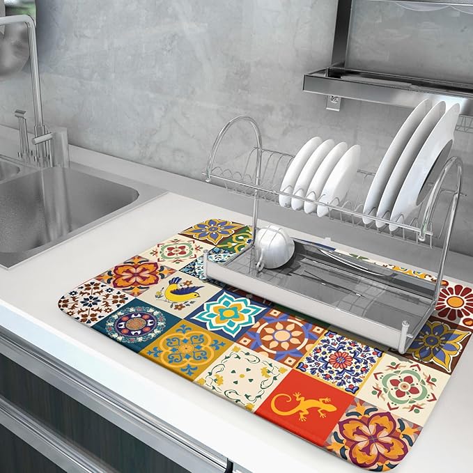 Giwawa Mexican Tile Dish Drying Mat 18"x24" Talavera Boho Floral Print Dish