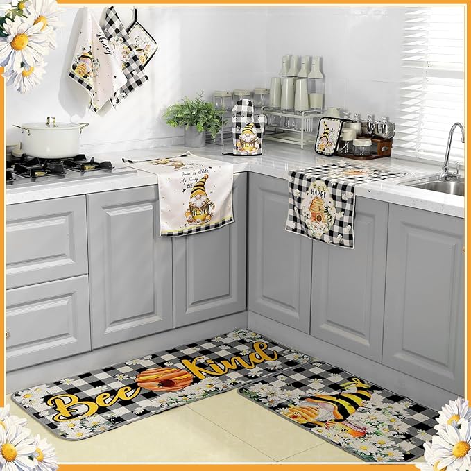Fourluoo 10 Pcs Bee Kitchen Decor Set 4 Kitchen Towels 2 Pot Holders 2 Oven