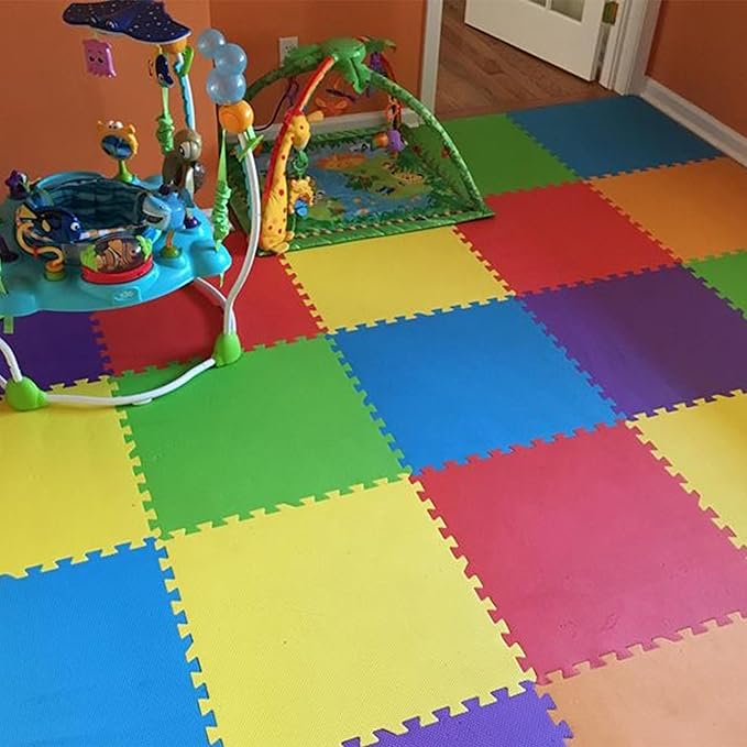 FlooringInc's Rainbow & Natural Harmony Playmat - Kid Safe Foam Floor Tiles with Removable Edges - 2'x2', 1/2" Thick (Rainbow, 36 Tile Pack)