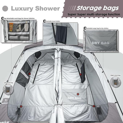 Camping Shower Tent Deluxe Changing Room Easy Set Up Privacy Shelter,Large Toilet Tent with Floor Drain Design for Beach, Camping,Hiking with Stakes and Ropes for Stability