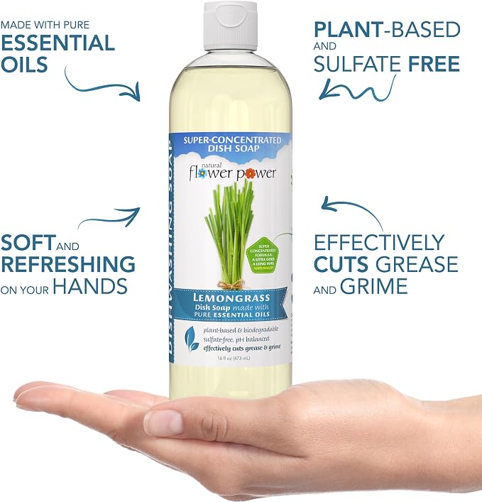 Natural Flower Power Liquid Dish Soap – Lemongrass – Plant-Based & Scented w/ Pure Essential Oils – Natural Liquid Dishwashing Detergent – Sulfate-Free Gentle Kitchen Soap – Vegan (16 Fl Oz 3 Pack)