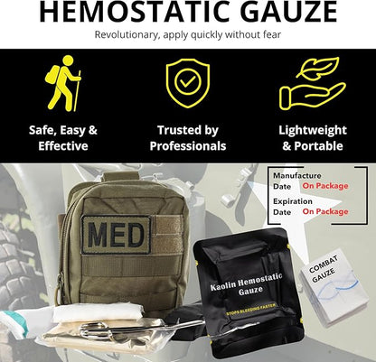 First Aid Advanced Quick Clotting Combat Gauze - Flexible Hemostatic Gauze - to Stop The Bleed kit Faster Wound Packing with Quick Clotting Medical Gauze - Survival Kit Supplies - 3" x 12.5'