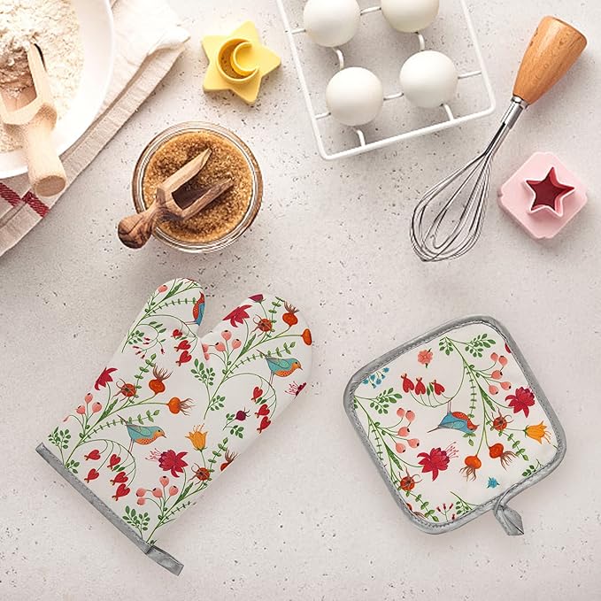 Kitchen Oven Mitts and Pot Holders Sets, Flower Bird Print Oven Gloves and