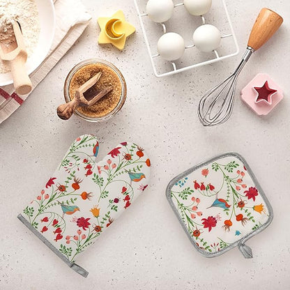 Kitchen Oven Mitts and Pot Holders Sets, Flower Bird Print Oven Gloves and