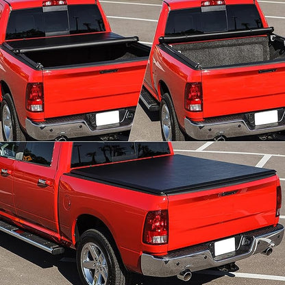 DNA Motoring TTC-RU-028 Pickup Truck Bed Soft Roll-Up Tonneau Cover Compatible with 09-18 Dodge Ram 1500 6.5Ft Fleetside Short Beds, Without Bed Rail Storage & RamBox