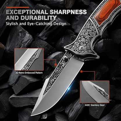 Pocket Knife with Sheath and Clip, 440C Stainless Steel Folding Knife 3D Retro Embossed Pattern, Gifts Christmas, Birthday, Father's Day (D-J37)