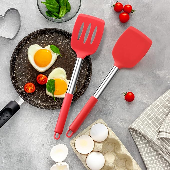 Silicone Spatula Set of 2, E-far Solid & Slotted Turner