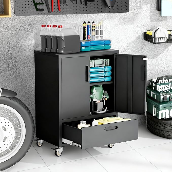 Metal Storage Cabinet with Wheels, Mobile Garage Storage Cabinet with 2