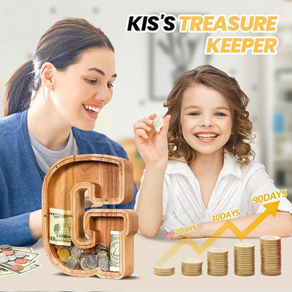 KMC Wooden Letter Piggy Bank, Personalized Initial Piggy Bank for Kids Boys, Clear Alphabet G Wood Money Box, Unbreakable Coin Saving Jar, Birthday, for Children
