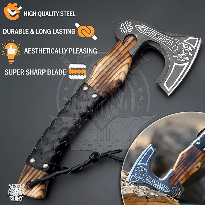 SHINY CRAFTS®- Decorative Viking Axe – Unique Gift for Dad Carbon Steel Blade with Leather Handle Perfect for Bushcraft or Display (SCA-16)