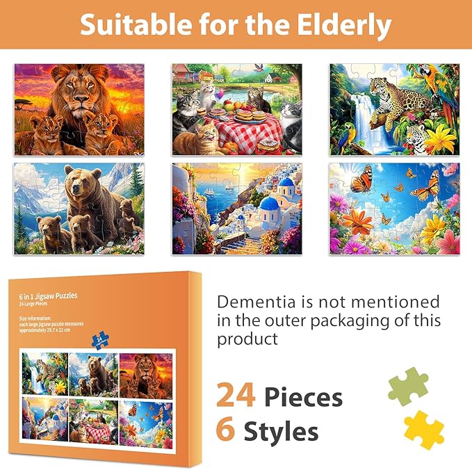 6 Packs 24 Piece Puzzle for Seniors, Alzheimer's & Dementia Activities, Easy Puzzle Alzheimer's Game, 6 Storage Bags