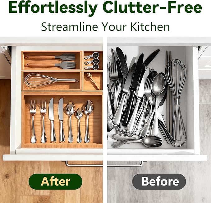 Bamboo Drawer Organizer 7 Pcs for Kitchen Multi-purpose Storage Dividers for