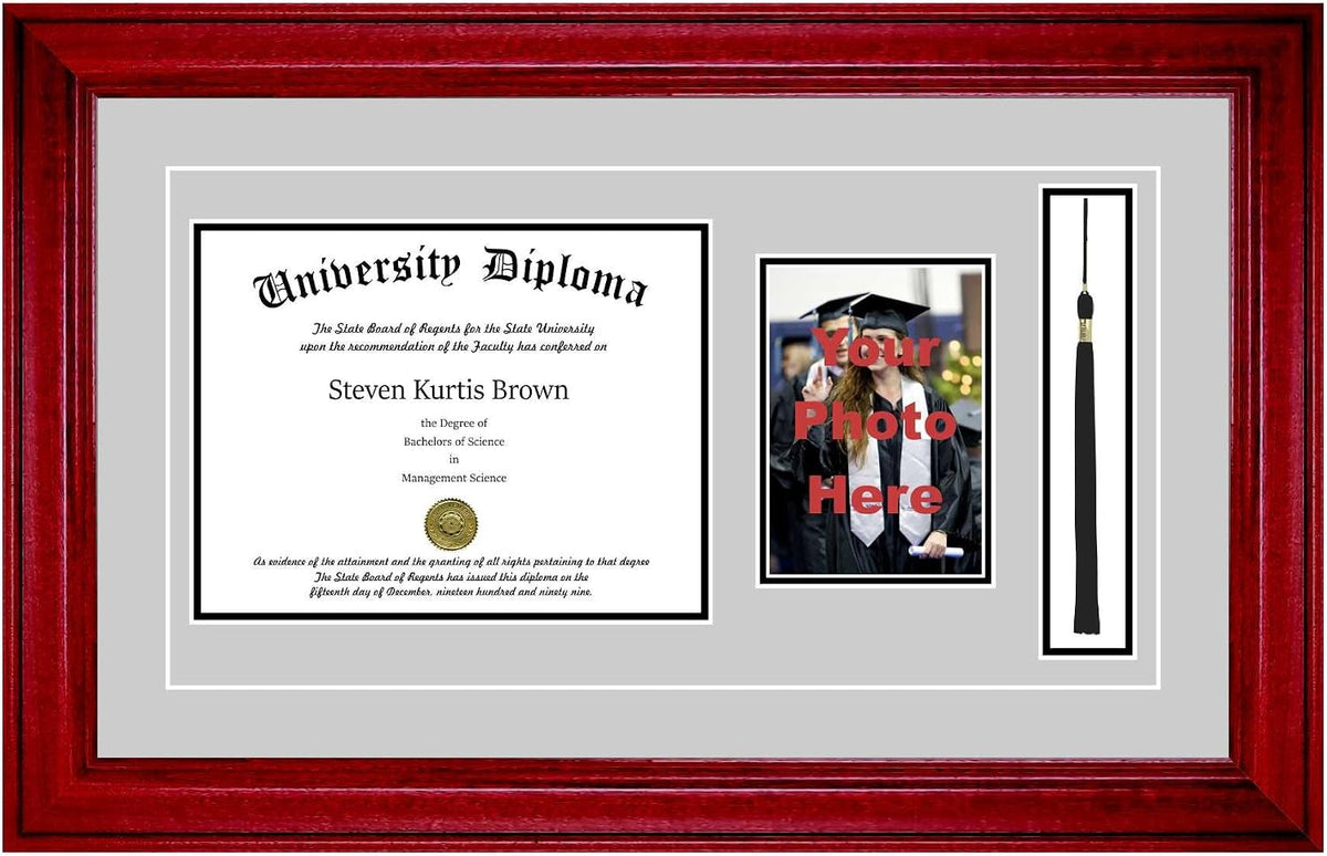 Single Diploma Frame with 5x7 Photo, Tassel and Double Matting for 8.5" x 11" Tall Diploma with Cherry 2" Frame