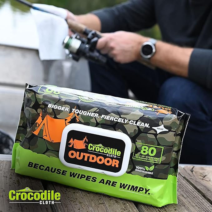 Crocodile Cloth Outdoor Cleaning Wipes ??80 Count Plant-Based Cloths (15"x10"), Skin Safe, Pre-Moistened, Aloe & Vitamin E Infused, Large, Absorbent, Multi-Surface Disposable Wipes