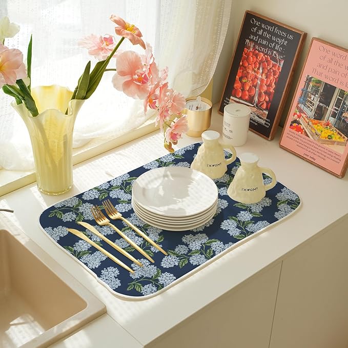 Navy Blue Dish Drying Mat 18x24 Inch Blue Green Vintage Floral Hydrangea Flower