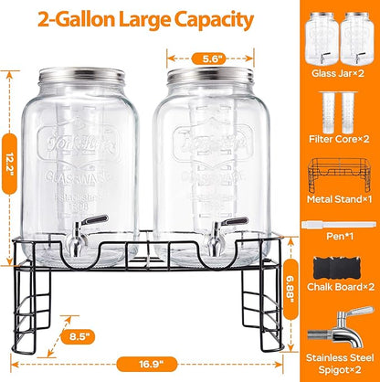 2 Gallon Large Glass Drink Dispenser Set, 2 Pack Beverage Dispensers