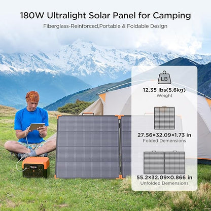 N-Type 16BB 180W Portable Solar Panel,Camping Essentials,Foldable Solar Charger for Power Station,25% Efficiency IP68 Waterproof,17V Output with 2 Reinforced Kickstands for RV Blackout Hurricane