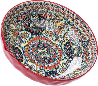 Large Serving Bowls, 75 Oz Fruit Salad Bowls, Bohemian Style Large Porcelain Dishes for Entertaining Parties,Big Bowls for Eating Soup, Salad, Pasta, Fruit, Chips, 10.3 Inch Diameter (red)