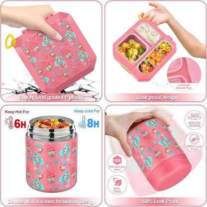 Bento Lunch Box for Kids with 12oz Soup Thermo Leak-Proof Lunch Food Container with 5 Compartment Thermo Hot Food Jar and Insulated Lunch Bag for Kid Toddler Girls Boys to School