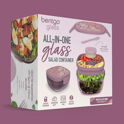 Bentgo Glass Prints All-in-One Salad Container - 61oz Tinted Glass Salad Bowl with Lid, Bento-Style Tray, Sauce Container, & Reusable Fork - Dishwasher & Microwave Safe (Floral Maximalist - Bouquet)