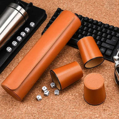 Leather Dice Cup Set, 5 Black Dice Cups + 25 Dices + Exclusive Storage and Transport Case Made of Faux Leather (Orange)