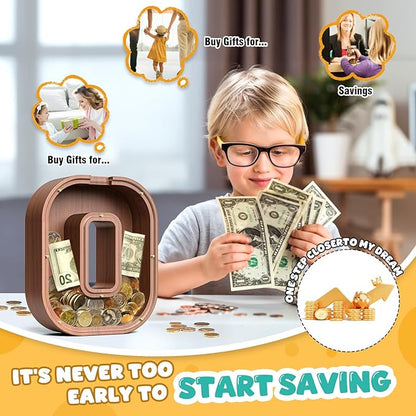 Summidate Wooden Letter Piggy Bank, Extra Thick Large Capacity Piggy Bank for Kids Boys Girls Toddler, Alphabet O Money Bank| Coin Box Birthday, Christmas, Festival