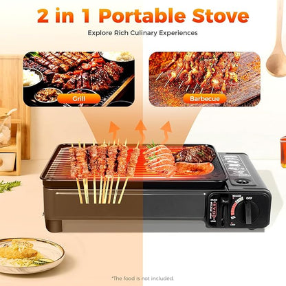 Portable Gas Grill Butane Stove,Portable Camping Grill Gas Stove,Butane Gas Stove,Free Standing BBQ Grill with Grilling Net Carry Case for Camping Traveling Outdoor Cooking