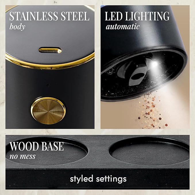 Electric Salt and Pepper Grinder Set Rechargeable – Black and Gold Salt and
