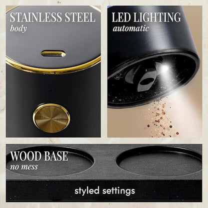 Electric Salt and Pepper Grinder Set Rechargeable – Black and Gold Salt and