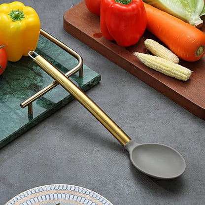 Berglander Non-stick Silicone Solid Serving Spoon, Titanium Gold Plating handle
