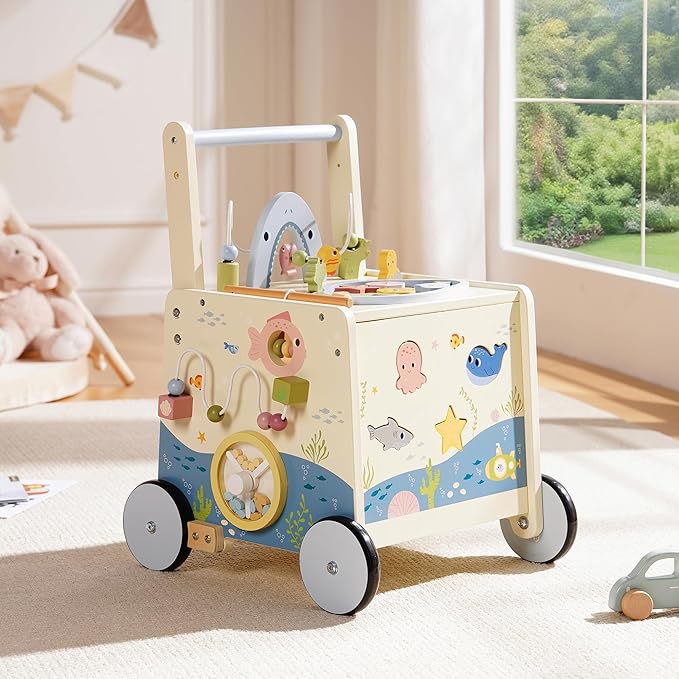 ROBOTIME Wooden Baby Walking Toy, Montessori Baby Walker Push Toy with Adjustable Height & Speed, Activity Center Baby Push Toy with Music, Fishing Game & Storage for Toddler 10M+ (Ocean World Theme)