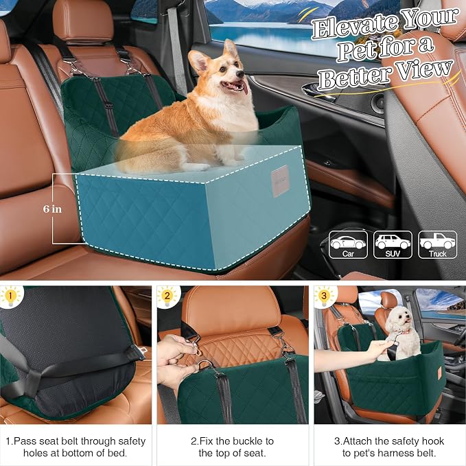 Dog Booster Car Seat for Dogs up to 35lbs, Safety Pet Car Seats with Anti-Slip Bottom, Travel Booster Dog Bed with 2 Storage Pockets (Green, Medium)