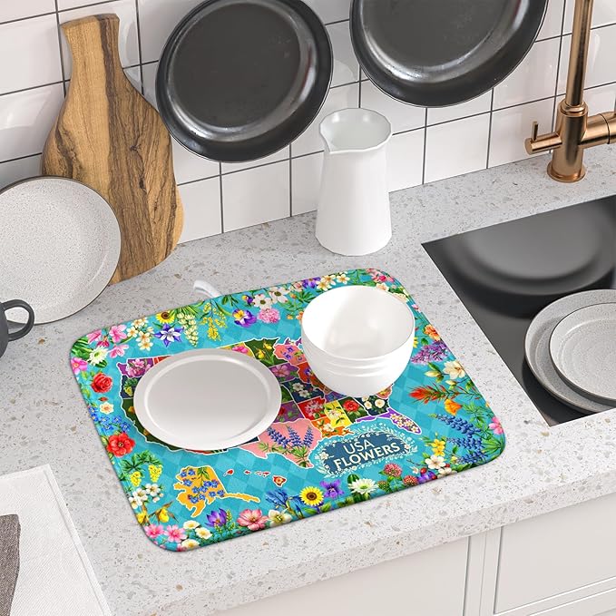 Flower Map Dish Drying Mat American Floral Decoration Coffee Mat