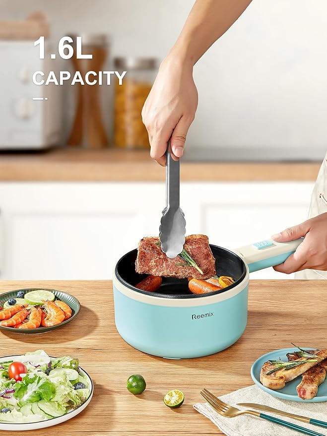 Hot Pot Electric With Steamer, 1.6L Ramen Cooker Non-Stick Sauté Pan