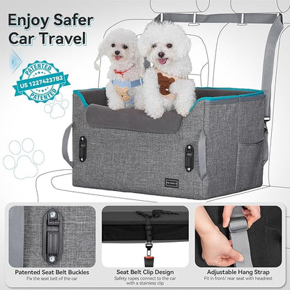 PETSFIT Dog Booster Car Seat for Small/Medium Dogs, Dog Car Seat for Medium Sized Dog with 2 Clip-On Safety Leashes and Patented Buckles, Pet Car Seat with Storage Pockets for Pets Under 45Lbs (Grey)
