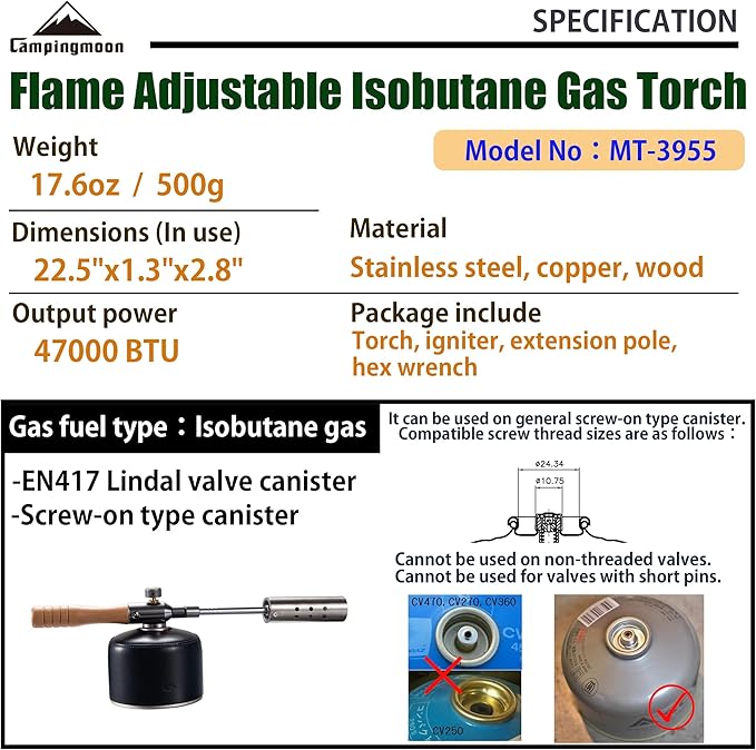 CAMPINGMOON Camping Grill Torch Dual Fuel Head Flame Adjustable for Charcoal Starter with Storage Case MT-3955/I-1010 (Isobutane)