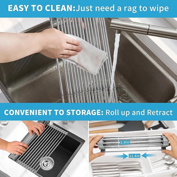 Expandable Roll-UP Dish Drying Rack-Large 304 Stainless Steel Dish Drainer Over